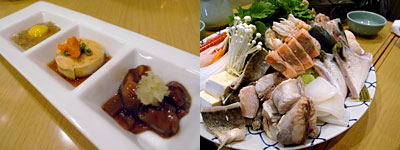 生け簀 寿司割烹 魚村(ぎょそん)：旬の珍味三種盛、海鮮寄せ鍋