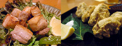 むろや 四季のおばんざい：糸島豚の塩焼き、肉厚椎茸の海老はさみ揚げ