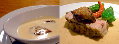 Grill かわむら：トウモロコシの冷製スープ 鴨のフォアグラのポワレを添えて、都城産アベル黒豚の炭火焼　マスタードソース