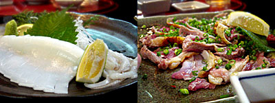 海鮮･焼酎居酒屋 だるま屋：イカの刺身、博多地鶏のタタキ