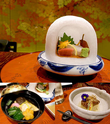 日本料理てら岡 中洲本店：季節のお刺身三種盛り、博多雑煮椀